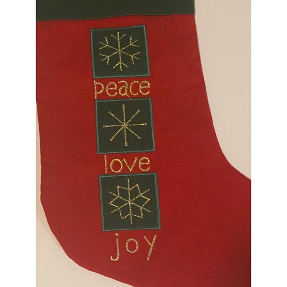 Christmas Stocking "Peace Love Joy" Embroidered 100% Cotton 19” Red Green Bells - Picture 2 of 5